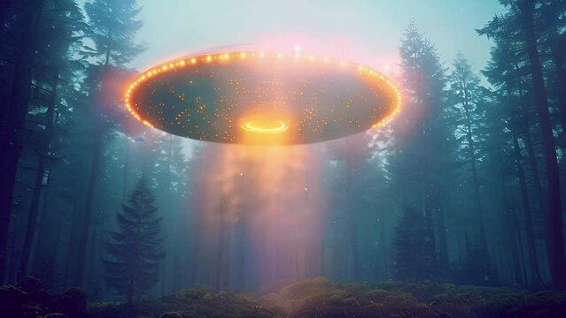UFO, an alien saucer hovering above the field in the clouds, hovering motionless in the sky. Unidentified flying object, alien invasion, extraterrestrial life, space travel, spaceship. mixed media 4k