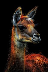 Obraz premium A giraffe's face in tight focus against a black backdrop Blurred depiction of its head above