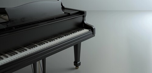 A panoramic view of a classic, black grand piano, its keys gleaming, positioned against a...