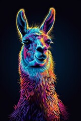   A llama with a multicolored face gazes into the camera against a black backdrop