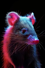   A tight shot of a rat's face, adorned with red, blue, and pink striations in its fur