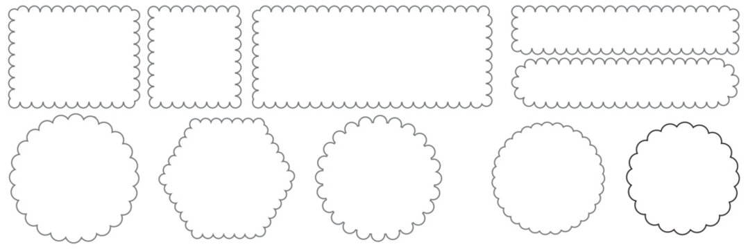 Scallop edge border and frame. Square circle and rectangle shape. Vector lace frill. Simple cute label. Outline decorative collection