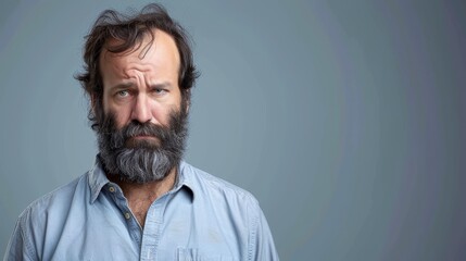   A bearded man in a blue shirt gazes intently at the camera with a serious expression