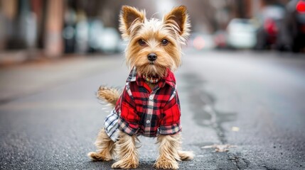 a Teddy dog dressed in dapper clothes and pants, complete with shoes, standing upright on a busy city street, posing proudly for a full-body photo from the front.