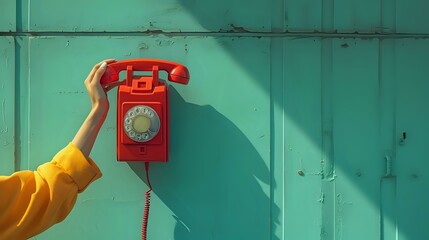 Minimalistic Communication: Red Telephone Receiver and Hand in Clean Scene