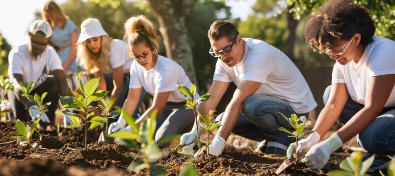Youth volunteers planting trees, digging soil, and chatting happily during community project