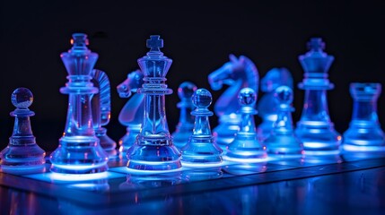 A modern chess set with glass pieces illuminated by soft, blue light on a dark background, space for text , 8K