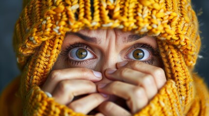   A tight shot of a person wearing a yellow knitted beanie, concealing their face, and shielding their eyes with their hands