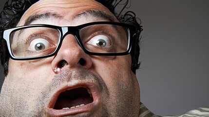   A tight shot of a person in glasses, eyes widened in shock, mouth agape