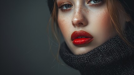   A woman's face, tightly framed Scarf encircling her neck Red lipstick accentuating her lips