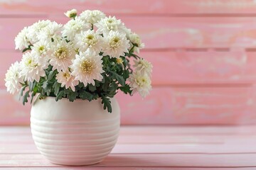 Fresh chrysanthemum flowers in pot on wooden background