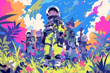 diverse children wearing space suits and backpacks standing on an alien planet