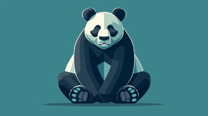   A panda sitting on the ground with crossed legs and a turned head, against a blue backdrop