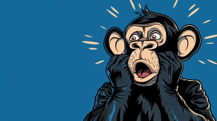   A cartoon monkey with shocked expression, hands over ears
