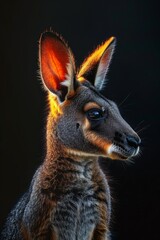   A tight shot of a small kangaroo against a black backdrop, illuminated from behind