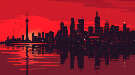 Toronto skyline with red colors illustrator style. Stylized red cityscape with geometric skyline and large sun, digital art. Retro-futuristic urban illustration. Science fiction and futuristic city.