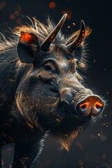   A tight shot of a boar's head, adorned with curved horns Its intense gaze emits flames from the eyes