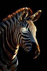   A tight shot of a zebra's head, stripes illuminated by shining light