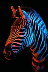   A tight shot of a zebra's head against a black backdrop, illuminated by individual red, blue, and green lights