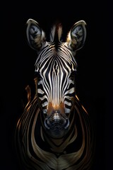   A tight shot of a zebra's head in darkness, illuminated by a light on its face