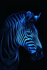 Fototapeta premium A tight shot of a zebra's head facing left, illuminated by a blue light on its side against a black backdrop