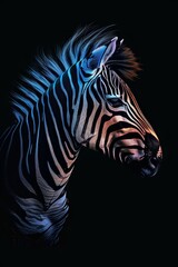   A zebra's head in tight focus against a black backdrop, illuminated by blue light emanating from its eyes