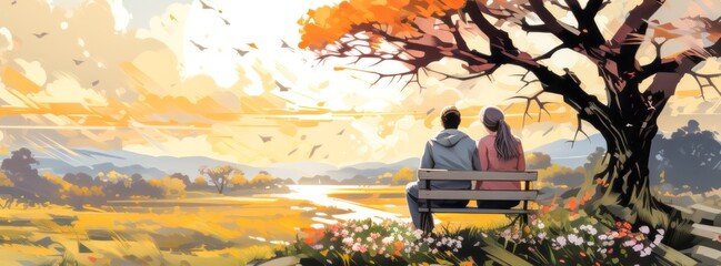 Banner with couple enjoying eternal moment on bench under bright autumn tree framed by breathtaking landscapes is ideal for creating visual plots about eternal love and healthy aging life. Copy space