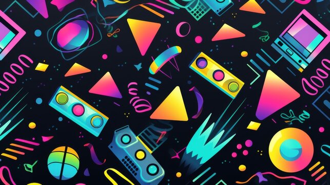 disco party set 90s, seamless pattern,black background