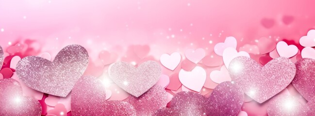 Romantic holiday banner with silvery and pink hearts float on a dreamy pink background, embodying the spirit of romance and affection, perfect for Valentine’s Day celebrations