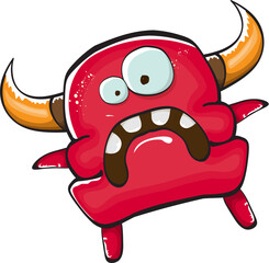 Vector cartoon funny red monster with mouth, eyes and horn isolated on white background. Smiling red cartoon monster print sticker design template. Ghost, troll, gremlin, goblin, devil and monster
