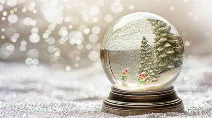 Fototapeta na wymiar An ornamental, delicate glass snow globe, capturing a miniature winter scene, set against a sparkling white glitter background.