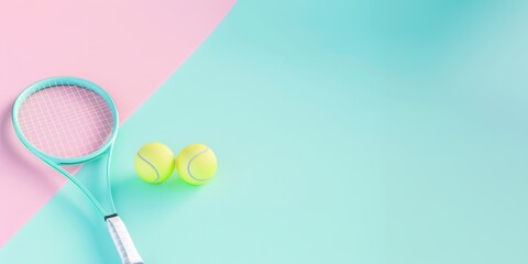 Tennis ball and racket in 3d style on pastel colors with space for text
