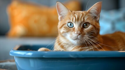Cat with Feline Lower Urinary Tract Disease (FLUTD) may avoid litter box due to urinary tract issues. Concept Cat Health, FLUTD, Feline Urinary Issues, Litter Box Problems
