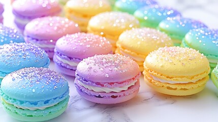 macarons arranged in a spectrum of colors, glistening on a luxurious marble surface under soft natural light.