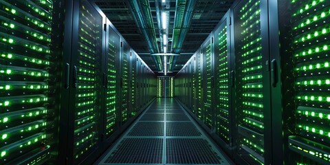 High-tech data center with rows of glowing green and black server cabinets, illuminated by bright 