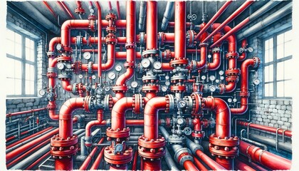 An intricate array of red pipes and valves in an industrial setting.