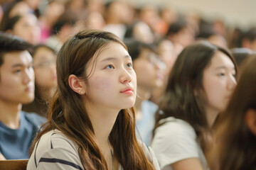 Fototapeta premium Portrait of a university student in a lecture or a classroom learning