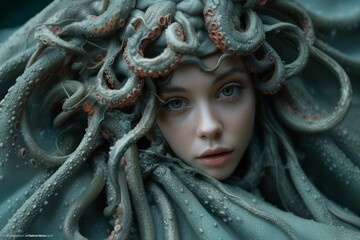 Portrait of woman octopus, girl with tentacles