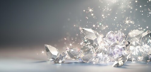 A cluster of sparkling, clear crystals, each facet catching the light, scattered across a gradient, smoke gray background.
