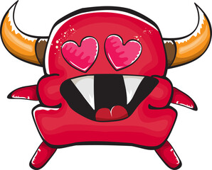 Vector cartoon funny red monster with mouth, eyes and horn isolated on white background. Smiling red cartoon monster print sticker design template. Ghost, troll, gremlin, goblin, devil and monster