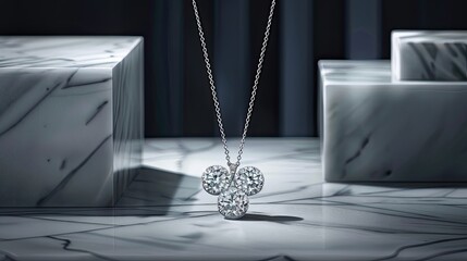 a white gold necklace, enhanced by three dazzling 18-carat diamonds, in a photorealistic image highlighting every facet and detail.
