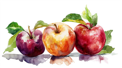 Watercolor painting of three vibrant apples with leaves, showcasing rich, translucent colors and delicate shading.