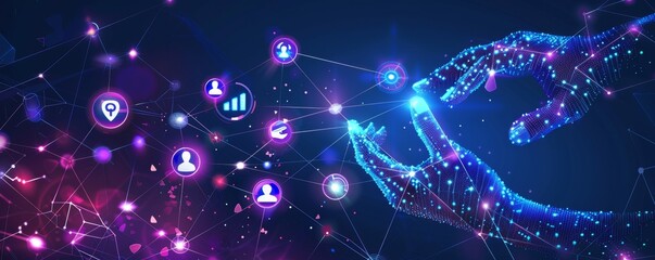 Digital technology background with hand touching social media icons, blue and purple color scheme Generative AI