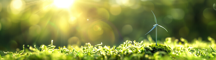 Obraz premium miniature wind turbine in the midst of green nature, visualizing renewable energy and sustainability, created with generative AI technology