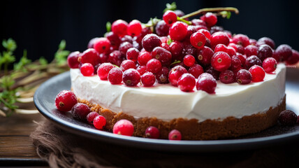 homemade cranberry cream cheese cake with fresh cranberries and mint