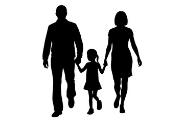 Husband, wife and kid walking silhouette in black color