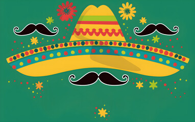 Sombrero and Mexican mustache on green background with copy space. Cinco de mayo. Dia de Los Muertos. Flat cartoon template design. Festive banner of Traditional Mexican culture holiday.