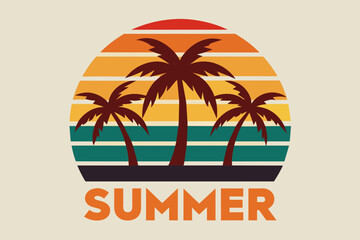 Retro vintage style sunset, text "Summer " 3 palm tree, sea beach, sunset,  Adobe Illustrator illustration, 16k, T-shirt design,  T-shirt graphic, retro vintage style half circle., illustration, white