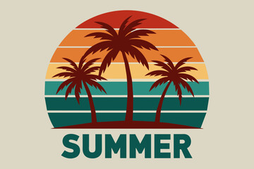 Retro vintage style sunset, text "Summer " 3 palm tree, sea beach, sunset,  Adobe Illustrator illustration, 16k, T-shirt design,  T-shirt graphic, retro vintage style half circle., illustration, white