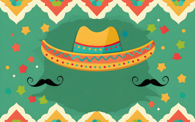Sombrero and Mexican mustache on green background with copy space. Cinco de mayo. Dia de Los Muertos. Flat cartoon template design. Festive banner of Traditional Mexican culture holiday.